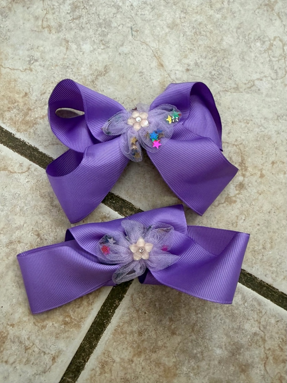Purple Ribbon Hair Bows with Flower Accents - Kids Accessories